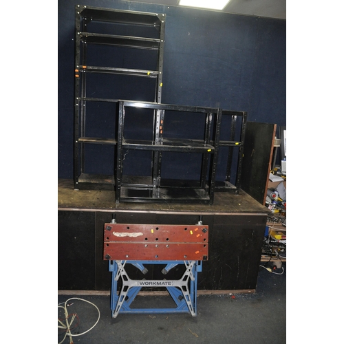 1116 - THREE METAL WORKSHOP SHELVING UNITS and a Workmate (4)