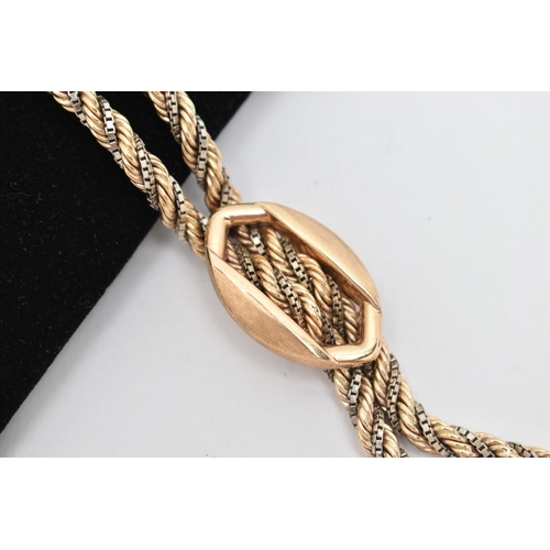 14 - A 9CT GOLD BRACELET, designed as a double rope twist and box link bi-colour bracelet with buckle det... 