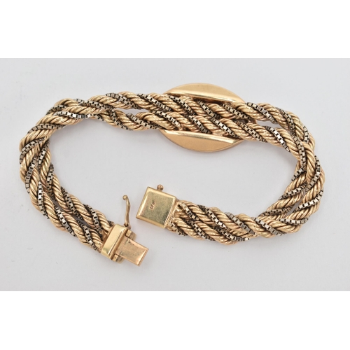 14 - A 9CT GOLD BRACELET, designed as a double rope twist and box link bi-colour bracelet with buckle det... 