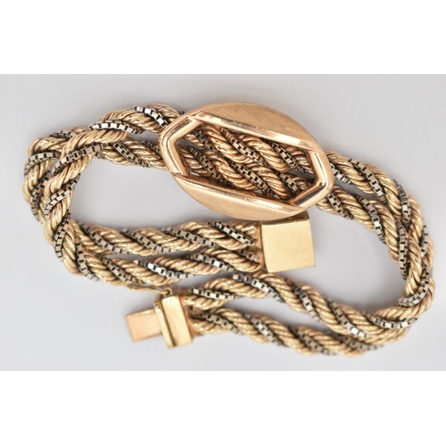 14 - A 9CT GOLD BRACELET, designed as a double rope twist and box link bi-colour bracelet with buckle det... 