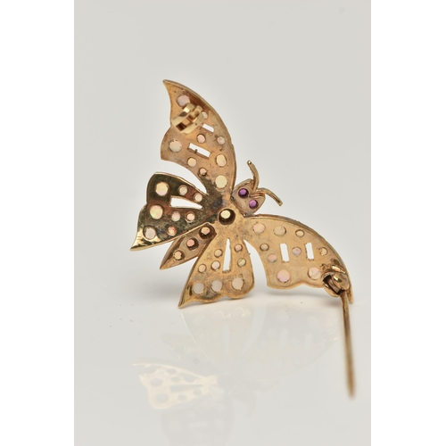 17 - A 9CT GOLD OPAL AND RUBY BUTTERFLY BROOCH, the butterfly body and wings set with circular opal caboc... 