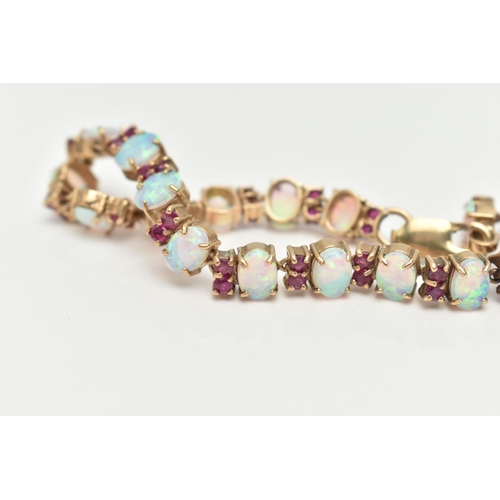 18 - A 9CT GOLD OPAL AND RUBY BRACELET, designed as oval opal cabochons each interspaced by two circular ... 