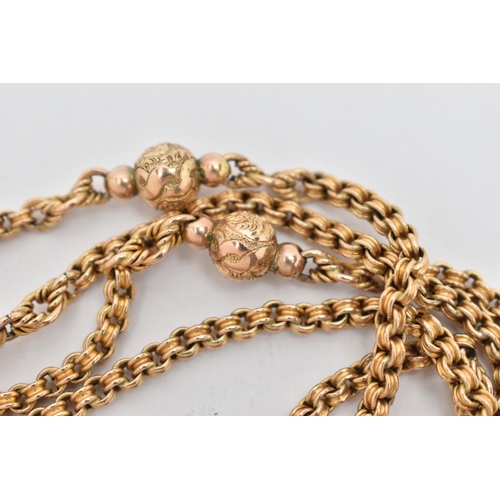 2 - A YELLOW METAL LONG GUARD CHAIN, designed as a belcher link chain with spherical bead accents with s... 