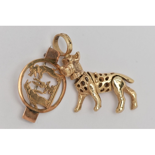 20 - A PENDANT AND A BROOCH, the pendant designed as an articulated dog, with 9ct hallmark, the brooch of... 