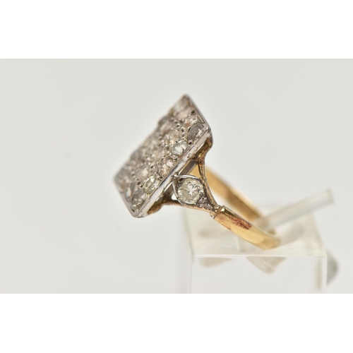 21 - AN 18CT GOLD DIAMOND DRESS RING, designed as a rectangular panel set with twenty mainly old cut diam... 