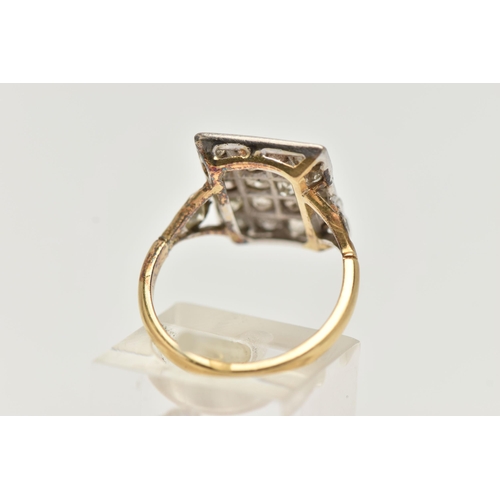 21 - AN 18CT GOLD DIAMOND DRESS RING, designed as a rectangular panel set with twenty mainly old cut diam... 