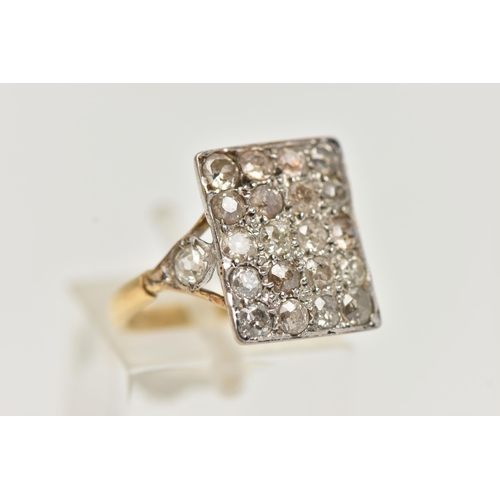 21 - AN 18CT GOLD DIAMOND DRESS RING, designed as a rectangular panel set with twenty mainly old cut diam... 