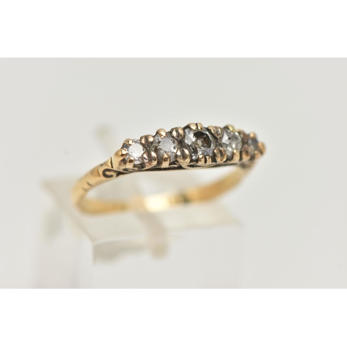 22 - A FIVE STONE DIAMOND RING, designed as a graduated line of five old cut diamonds within claw setting... 