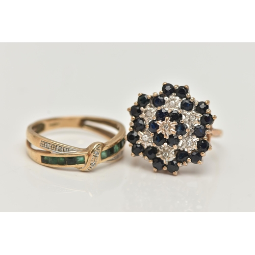 23 - TWO 9CT GOLD GEM SET RINGS, the first a three tier sapphire and diamond cluster ring, estimated tota... 