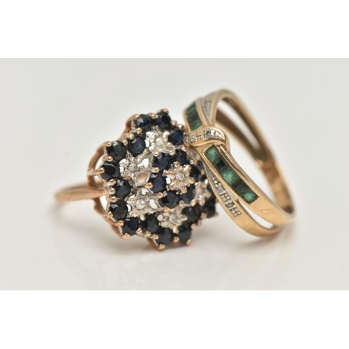 23 - TWO 9CT GOLD GEM SET RINGS, the first a three tier sapphire and diamond cluster ring, estimated tota... 