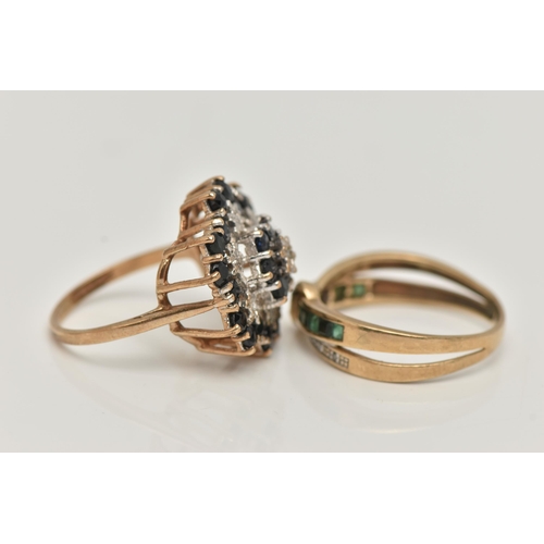 23 - TWO 9CT GOLD GEM SET RINGS, the first a three tier sapphire and diamond cluster ring, estimated tota... 