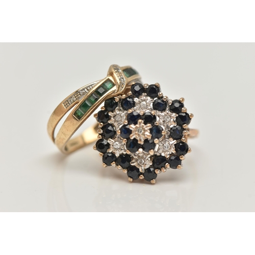 23 - TWO 9CT GOLD GEM SET RINGS, the first a three tier sapphire and diamond cluster ring, estimated tota... 