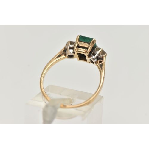 24 - A 9CT GOLD EMERALD AND DIAMOND RING, designed as a central emerald cut emerald in a four claw settin... 