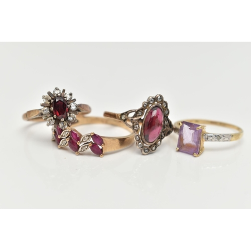 30 - FOUR GEM SET RINGS, to include an early 20th century garnet and rose cut diamond dress ring, white m... 