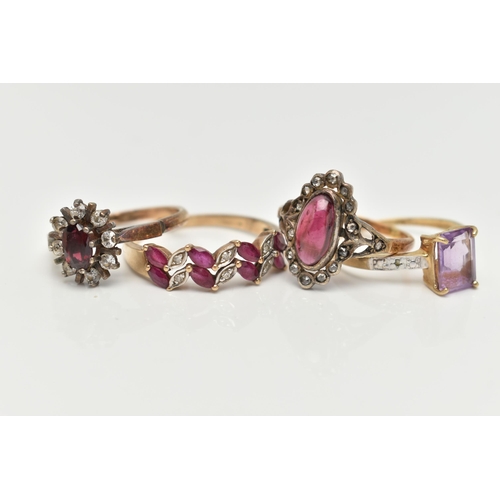 30 - FOUR GEM SET RINGS, to include an early 20th century garnet and rose cut diamond dress ring, white m... 