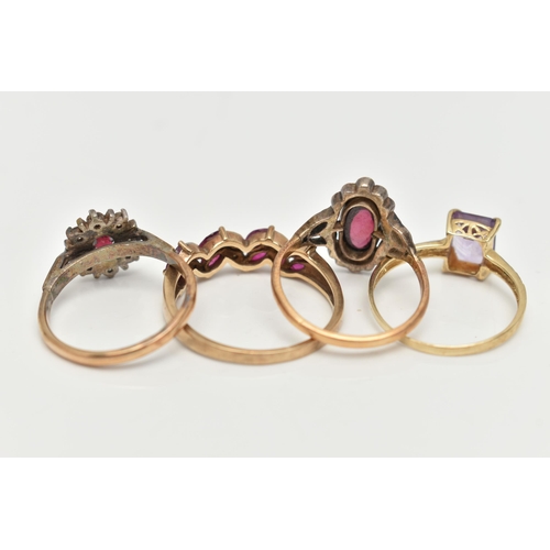 30 - FOUR GEM SET RINGS, to include an early 20th century garnet and rose cut diamond dress ring, white m... 