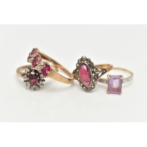 30 - FOUR GEM SET RINGS, to include an early 20th century garnet and rose cut diamond dress ring, white m... 