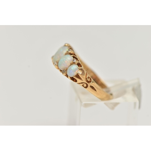 32 - A LATE 19TH CENTURY FIVE STONE RING, five oval graduating opals, prong set in yellow gold, set with ... 