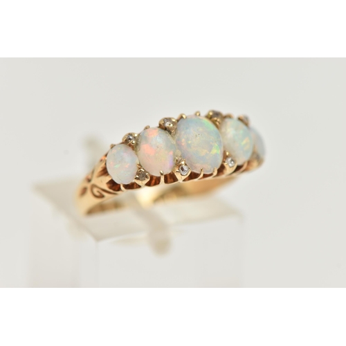 32 - A LATE 19TH CENTURY FIVE STONE RING, five oval graduating opals, prong set in yellow gold, set with ... 