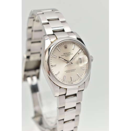 39 - A 'ROLEX' OYSTER PERPETUAL DATE WRISTWATCH, automatic movement, round silvered dial signed 'Rolex' O... 