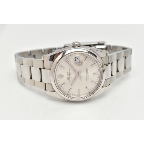 39 - A 'ROLEX' OYSTER PERPETUAL DATE WRISTWATCH, automatic movement, round silvered dial signed 'Rolex' O... 