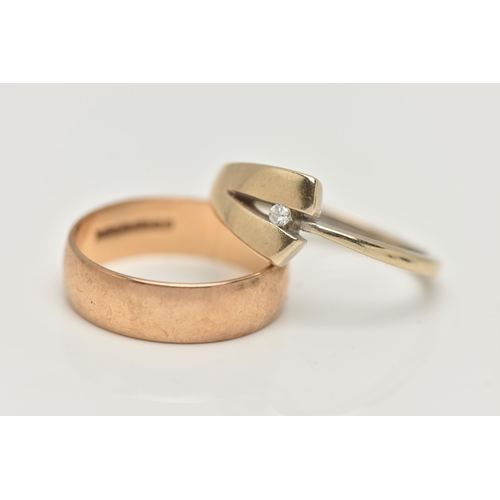 45 - A 9CT GOLD BAND RING AND A DIAMOND SET BAND RING, a rose gold plain band ring, approximate width 5mm... 