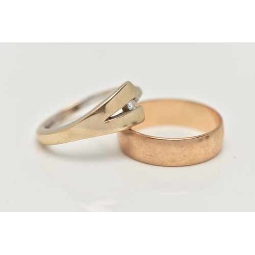 45 - A 9CT GOLD BAND RING AND A DIAMOND SET BAND RING, a rose gold plain band ring, approximate width 5mm... 