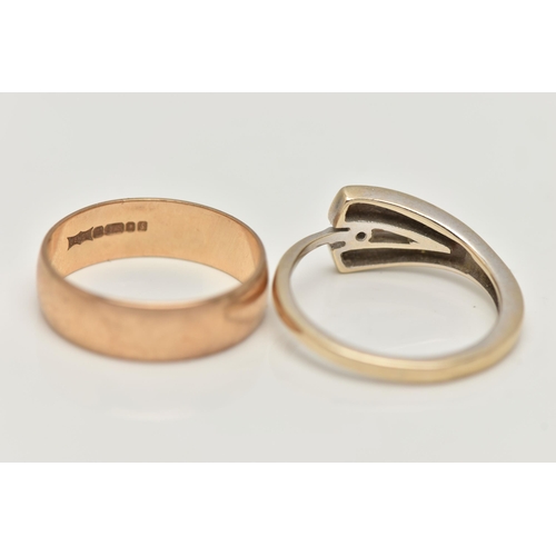 45 - A 9CT GOLD BAND RING AND A DIAMOND SET BAND RING, a rose gold plain band ring, approximate width 5mm... 