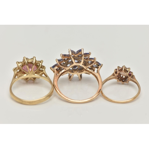 47 - THREE GEM SET RINGS, to include a tanzanite cluster ring, prong set in yellow gold, hallmarked 9ct B... 