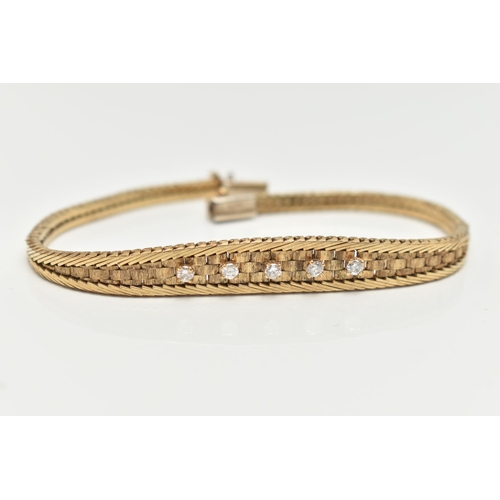 55 - A 9CT GOLD DIAMOND SET BRACELET, mesh bracelet, set with a row of five raised claw set, round brilli... 