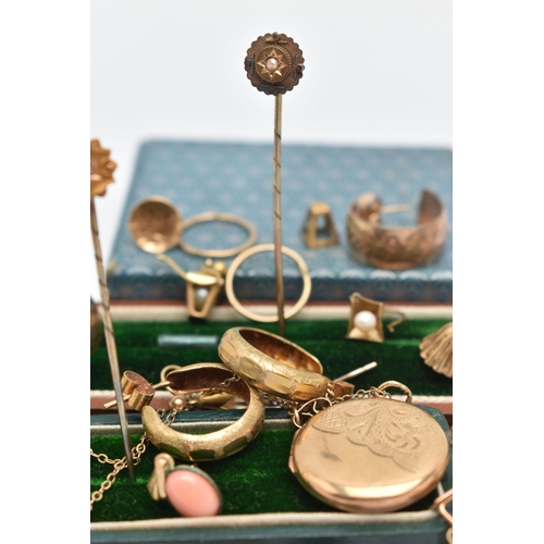 58 - AN ASSORTMENT OF YELLOW METAL JEWELLERY, to include two cased stick pins, fitted with base metal pin... 