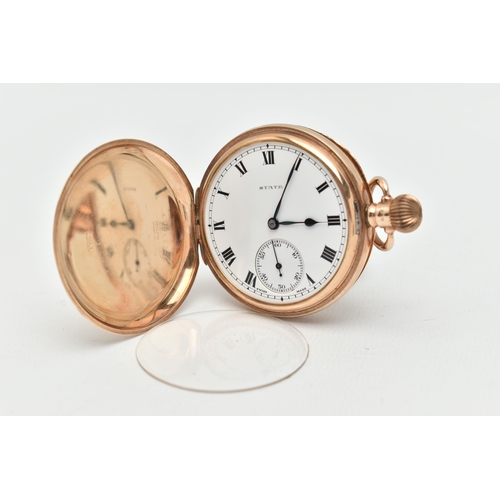 62 - AN EARLY 20TH CENTURY, 9CT GOLD FULL HUNTER POCKET WATCH, manual wind, round white dial signed 'Stat... 