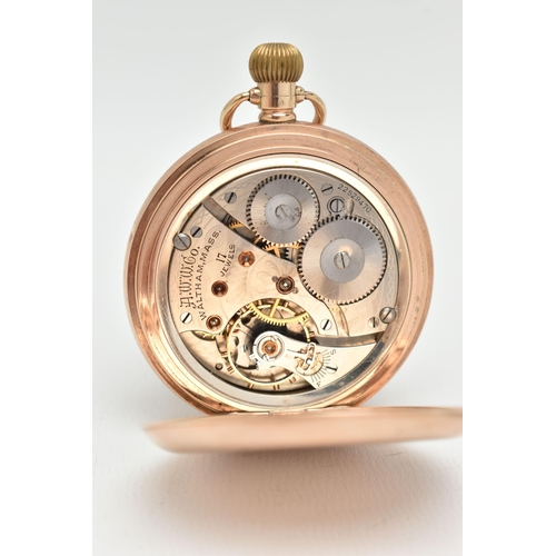 63 - AN EARLY 20TH CENTURY 9CT GOLD, FULL HUNTER POCKET WATCH, manual wind, round white dial signed 'Walt... 