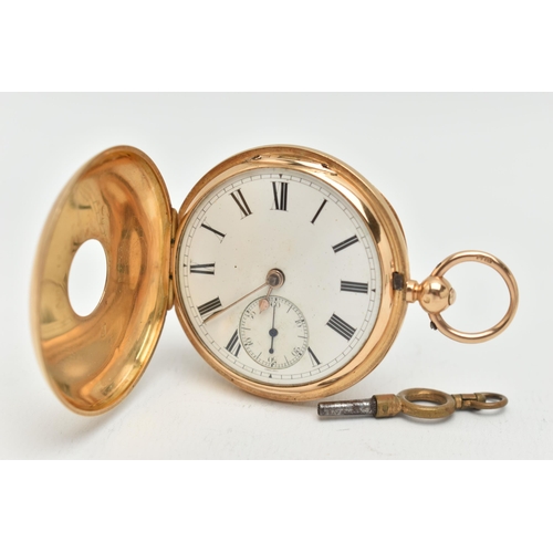 65 - AN EARLY 20TH CENTURY, 18CT GOLD HALF HUNTER POCKET WATCH, key wound, round white dial, Roman numera... 