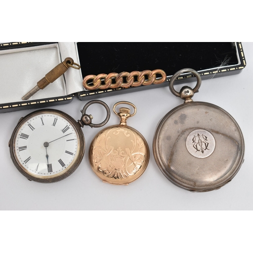 66 - THREE POCKET WATCHES AND A BROOCH, to include an AF manual wind, ladies full hunter pocket watch, ro... 