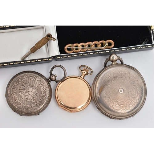 66 - THREE POCKET WATCHES AND A BROOCH, to include an AF manual wind, ladies full hunter pocket watch, ro... 