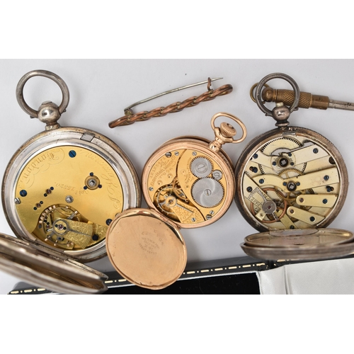 66 - THREE POCKET WATCHES AND A BROOCH, to include an AF manual wind, ladies full hunter pocket watch, ro... 