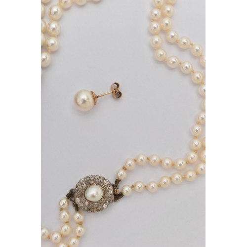 69 - A CULTURED PEARL NECKLACE AND EARRINGS, a double strand graduated cultured pearl necklace, white pea... 