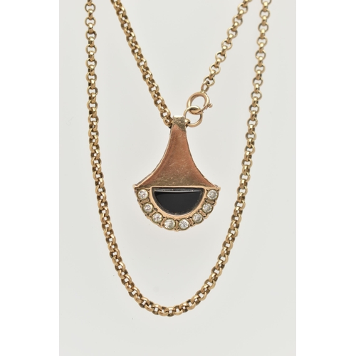 8 - A 9CT YELLOW GOLD DIAMOND AND ONXY PENDANT WITH CHAIN, the abstract design pendant set with an onyx ... 