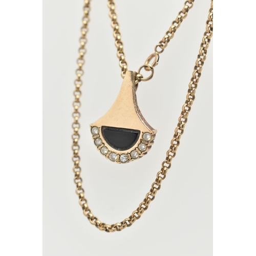 8 - A 9CT YELLOW GOLD DIAMOND AND ONXY PENDANT WITH CHAIN, the abstract design pendant set with an onyx ... 