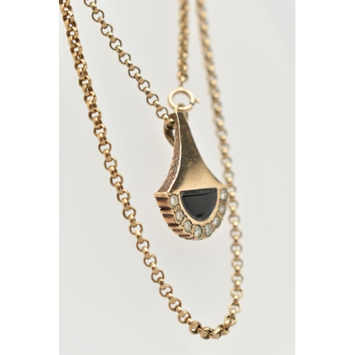 8 - A 9CT YELLOW GOLD DIAMOND AND ONXY PENDANT WITH CHAIN, the abstract design pendant set with an onyx ... 