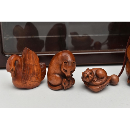 101 - A MODERN CARVED TREEN INRO IN THE FORM OF A LUCKY CAT WITH CAT NETSUKE ATTACHED, FIVE 20TH CENTURY C... 