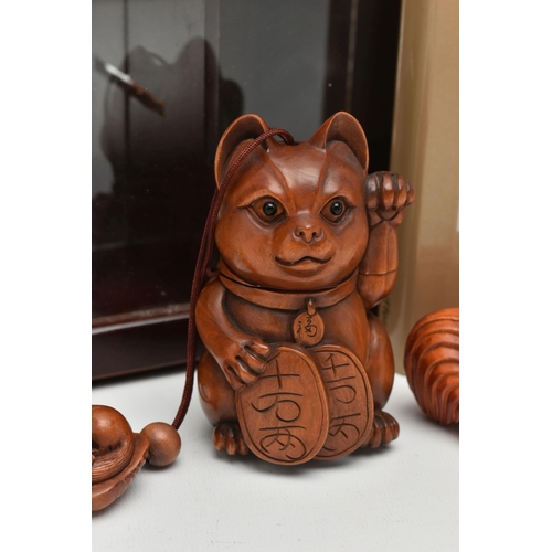 101 - A MODERN CARVED TREEN INRO IN THE FORM OF A LUCKY CAT WITH CAT NETSUKE ATTACHED, FIVE 20TH CENTURY C... 