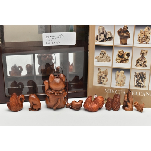 101 - A MODERN CARVED TREEN INRO IN THE FORM OF A LUCKY CAT WITH CAT NETSUKE ATTACHED, FIVE 20TH CENTURY C... 