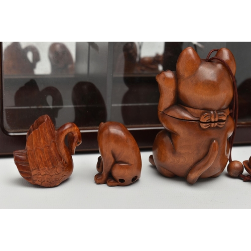 101 - A MODERN CARVED TREEN INRO IN THE FORM OF A LUCKY CAT WITH CAT NETSUKE ATTACHED, FIVE 20TH CENTURY C... 