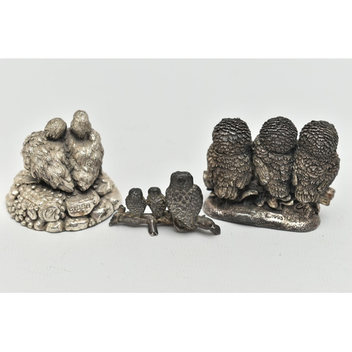 102 - TWO 'COUNTRY ARTISTS' SILVER FIGURINES, the first of three owls sat on a branch, hallmarked 'Country... 