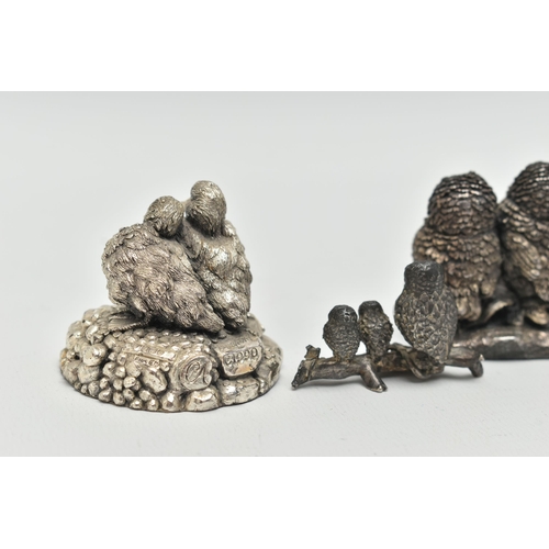 102 - TWO 'COUNTRY ARTISTS' SILVER FIGURINES, the first of three owls sat on a branch, hallmarked 'Country... 