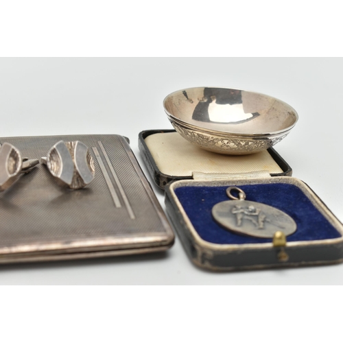 106 - ASSORTED SILVER AND WHITE METAL ITEMS, to include a silver engine turned pattern cigarette case, eng... 