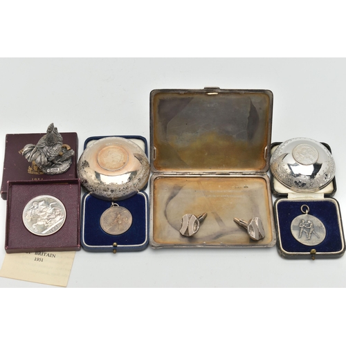 106 - ASSORTED SILVER AND WHITE METAL ITEMS, to include a silver engine turned pattern cigarette case, eng... 