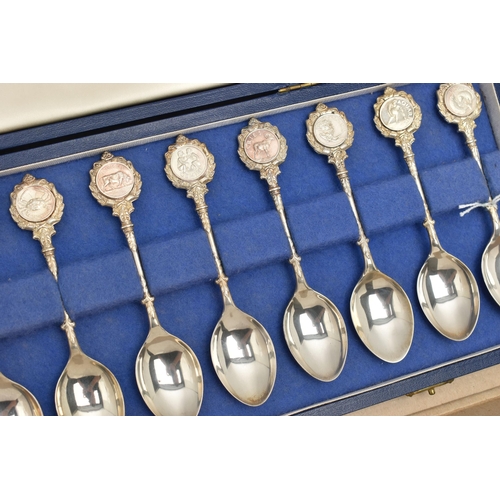 112 - A SET OF 'JOHN PINCHES' TWELVE SILVER ZODIAC SPOONS, sculpted by David cornell FRSA ARBS, hallmarked... 